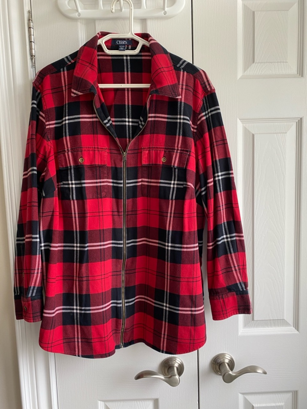 Chaps Red & Black Plaid Zip-Up Overshirt